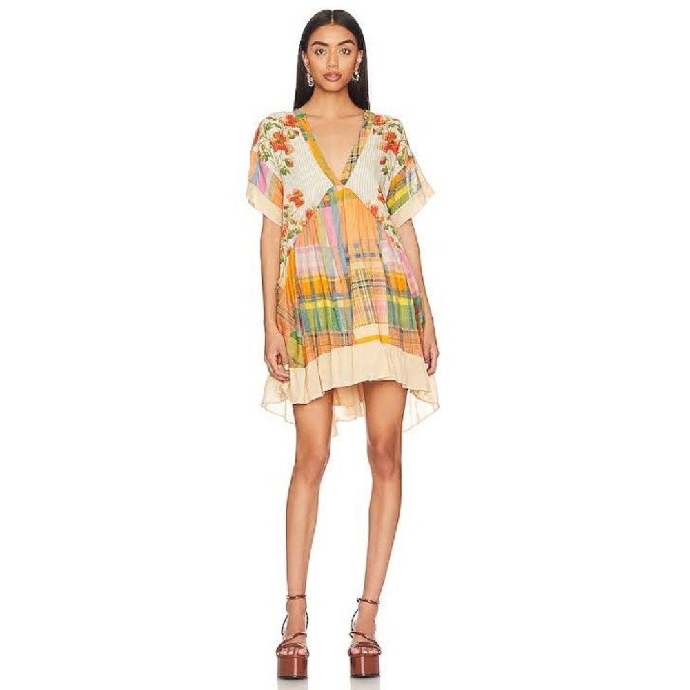 Free People All You Need Is Sun Mini Dress Patchwork Floral Plaid Multi Large